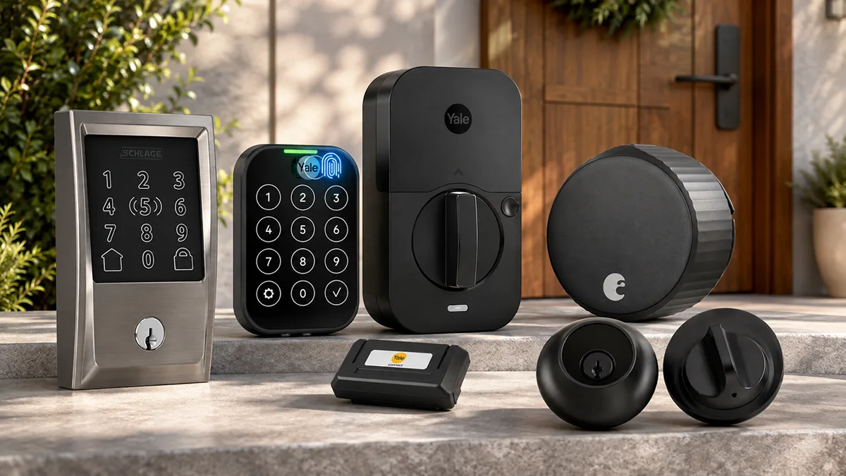 A modern smart lock with a keypad installed on a front door
