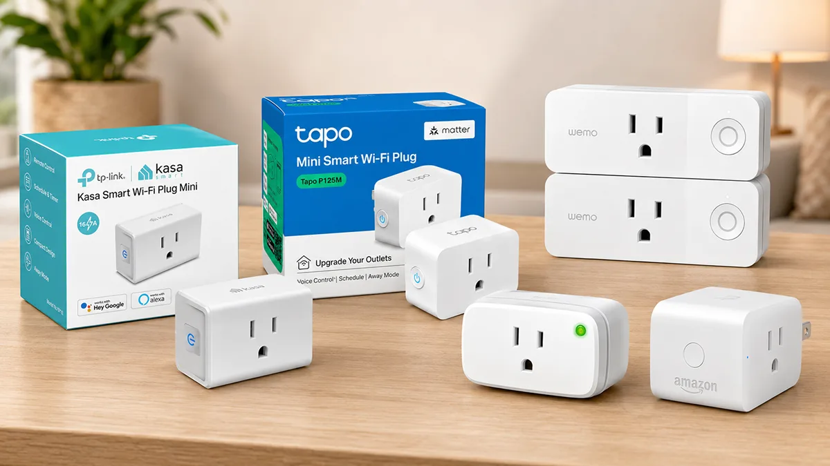 A lineup of mini smart plugs shown with Kasa and Tapo retail boxes on a table