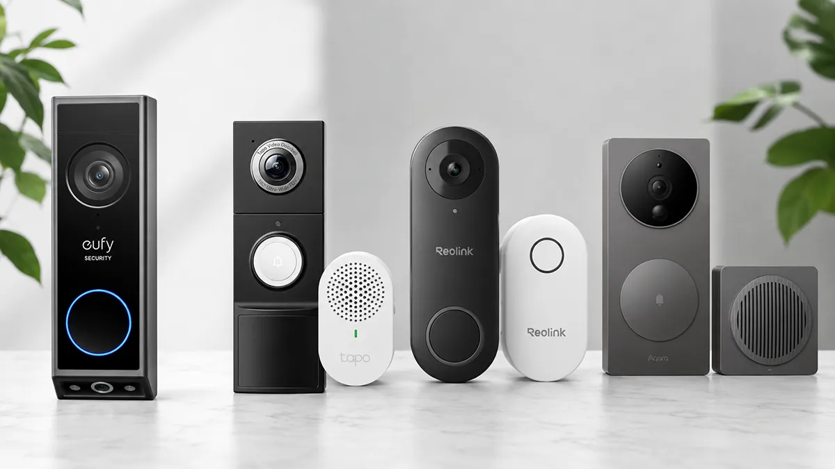 A dual-camera video doorbell mounted next to a front door with no monthly fee required