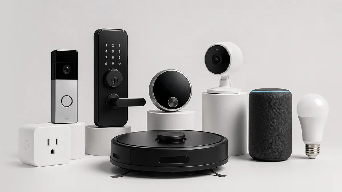 Smart home devices including a smart plug, video doorbell, smart lock, thermostat, security camera, robot vacuum, smart speaker, and smart bulb